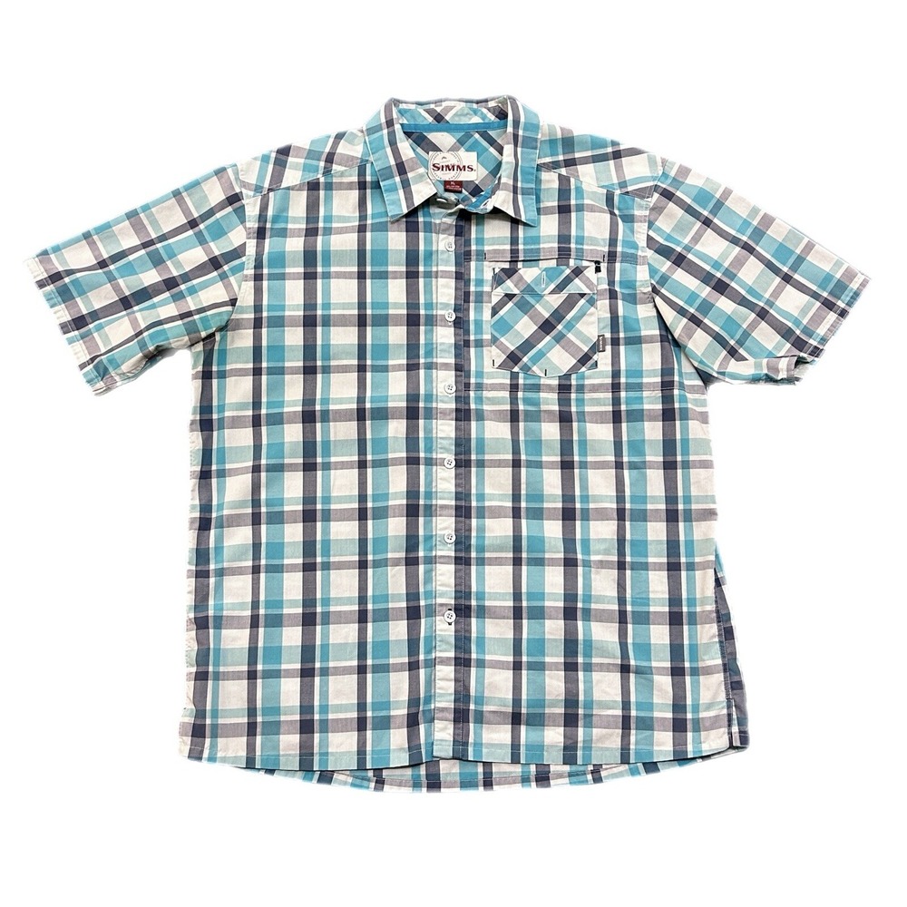 Simms Men's Shirt Blue Plaid Fishing Outdoors Short Sleeve Button Up Size XL